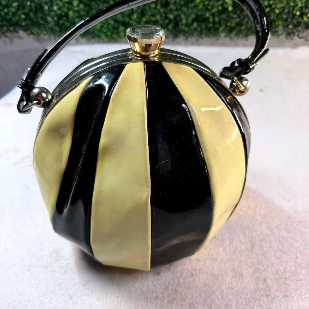Vintage Mid Century Round Ball Purse Womens Lucite Acrylic Box Jeweled Clasp
